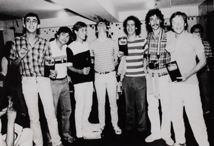 Walter Silveira, Marcelo Machado, Tadeu Jungle, Tonico Melo, Fernando Meirelles. Awarded artists at the I Festival Videobrasil, 1983, MIS, São Paulo.
